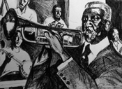 Lithograph of Bunk Johnson and his orchestra